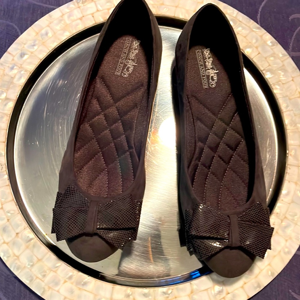 Coach Four suede Gray flats lizard bow.  Padded for comfort -excellent